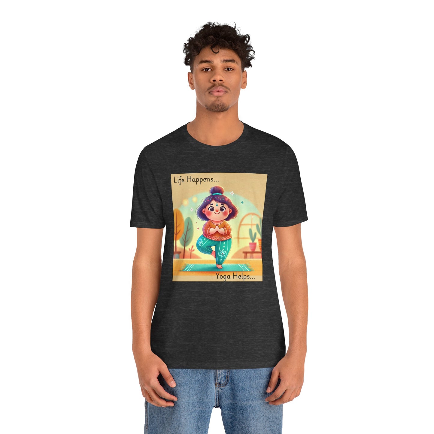 Yoga Tee - Cute Quirky Girl Tree Pose Shirt with 'Life Happens Yoga Helps'