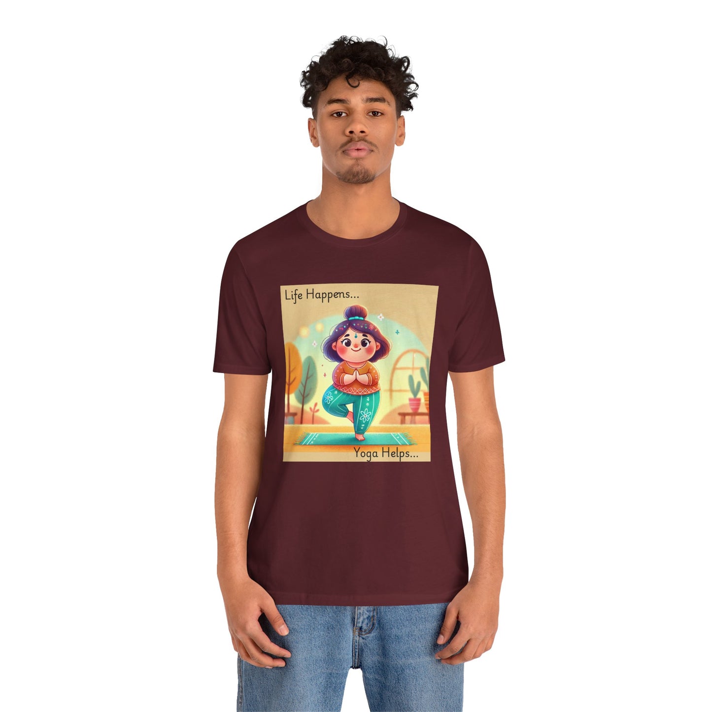 Yoga Tee - Cute Quirky Girl Tree Pose Shirt with 'Life Happens Yoga Helps'