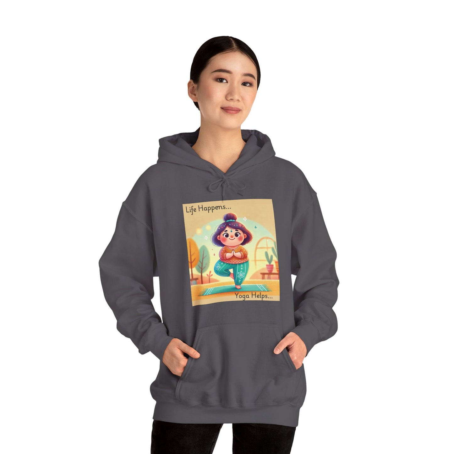 Hooded Sweatshirt with Cute Quirky Yoga Design - Life Happens Yoga Helps
