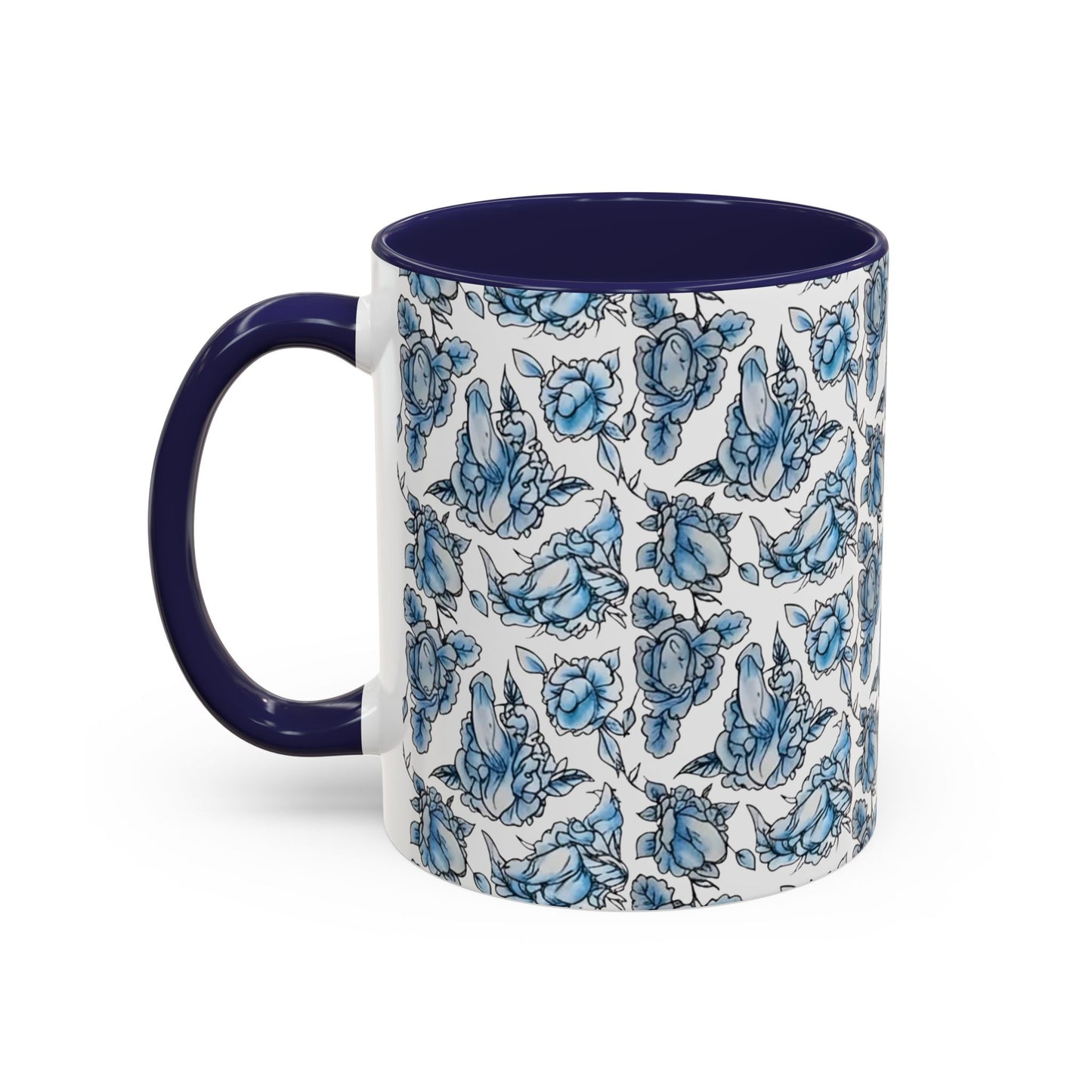 Blue "Floral" Accent Coffee Mug – Patterned Ceramic Tea Cup (11/15 oz)