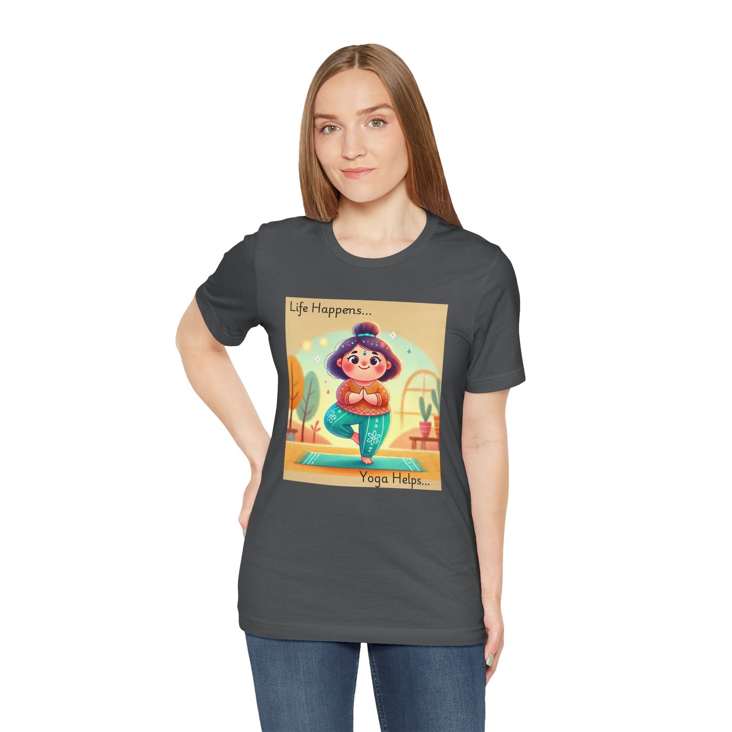Yoga Tee - Cute Quirky Girl Tree Pose Shirt with 'Life Happens Yoga Helps'