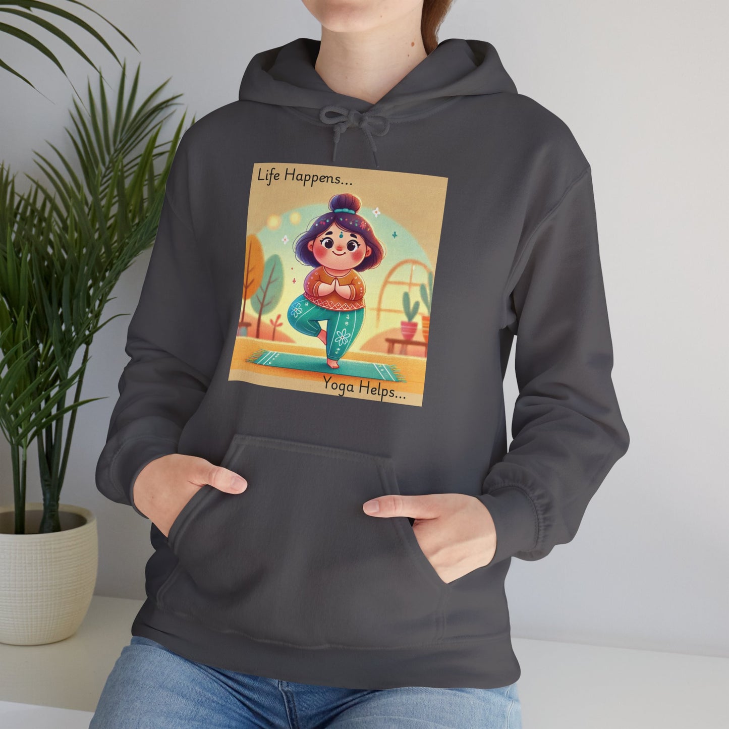 Hooded Sweatshirt with Cute Quirky Yoga Design - Life Happens Yoga Helps