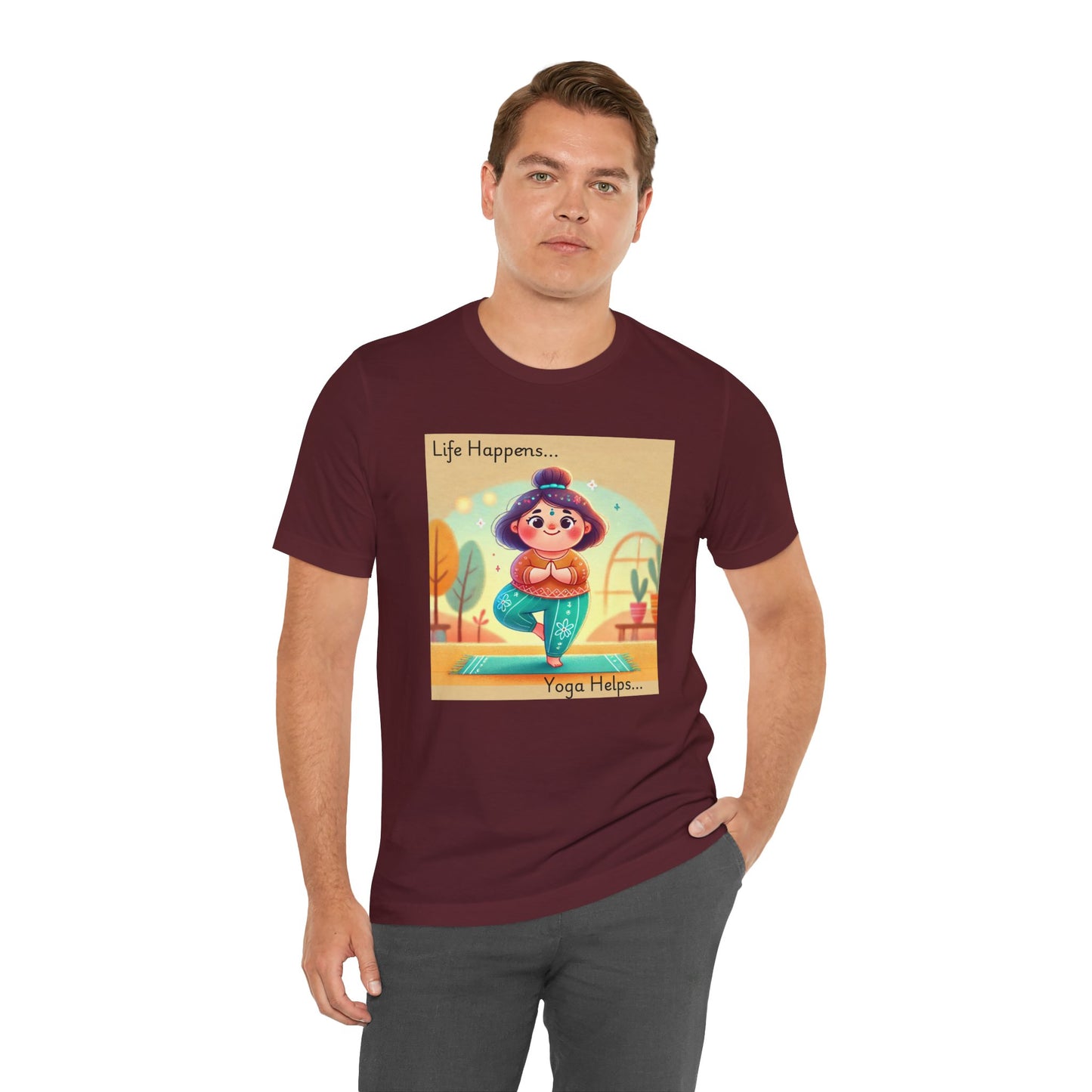 Yoga Tee - Cute Quirky Girl Tree Pose Shirt with 'Life Happens Yoga Helps'