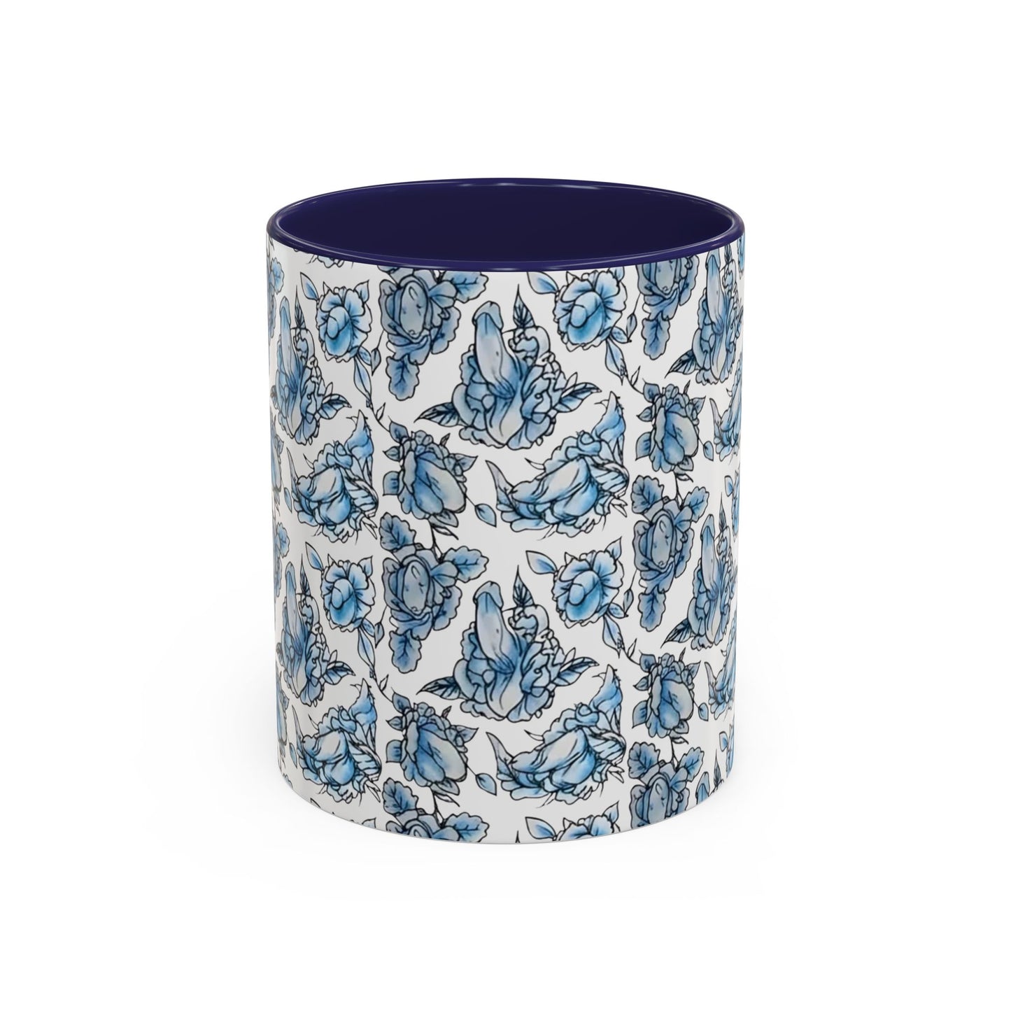 Blue "Floral" Accent Coffee Mug – Patterned Ceramic Tea Cup (11/15 oz)