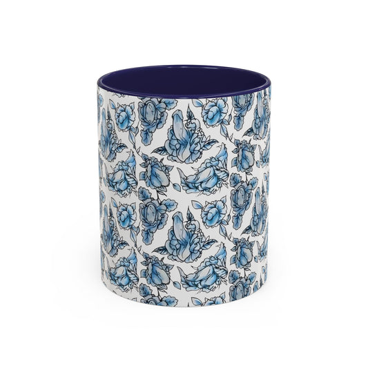 Blue "Floral" Accent Coffee Mug – Patterned Ceramic Tea Cup (11/15 oz)