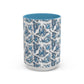 Blue "Floral" Accent Coffee Mug – Patterned Ceramic Tea Cup (11/15 oz)