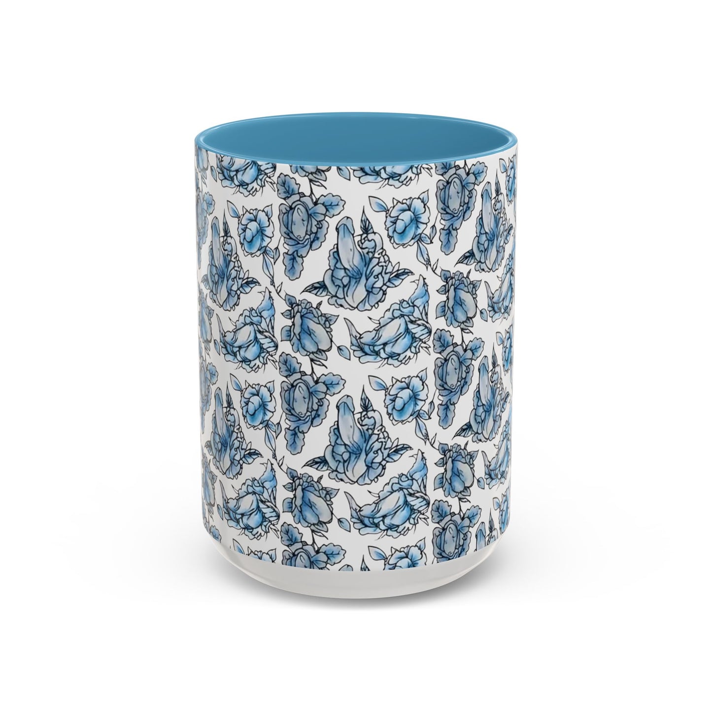 Blue "Floral" Accent Coffee Mug – Patterned Ceramic Tea Cup (11/15 oz)