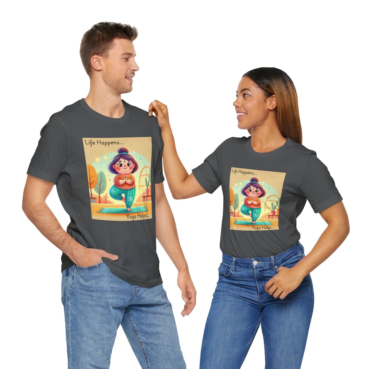 Yoga Tee - Cute Quirky Girl Tree Pose Shirt with 'Life Happens Yoga Helps'