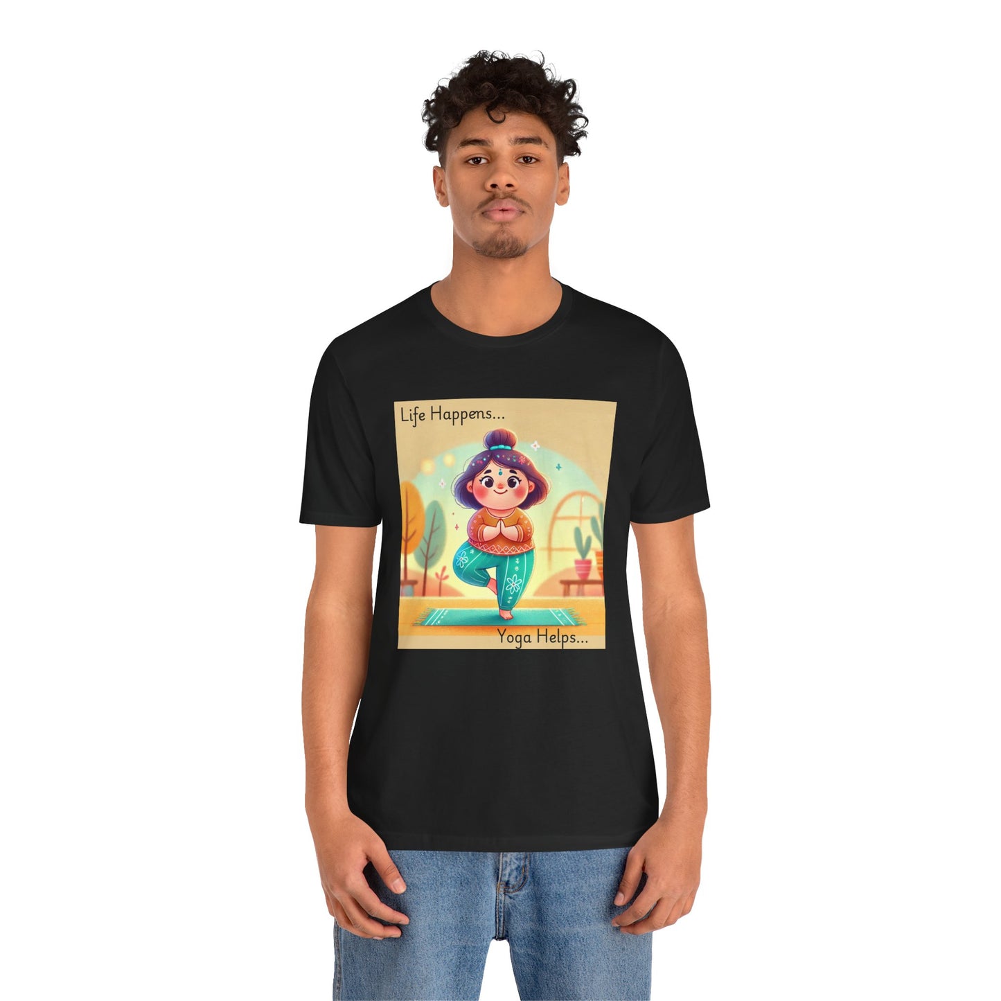 Yoga Tee - Cute Quirky Girl Tree Pose Shirt with 'Life Happens Yoga Helps'