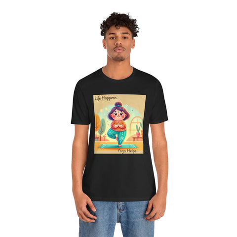 Yoga Tee - Cute Quirky Girl Tree Pose Shirt with 'Life Happens Yoga Helps'