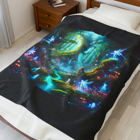 Velveteen Plush Blanket - Mystical Forest Fairies Design