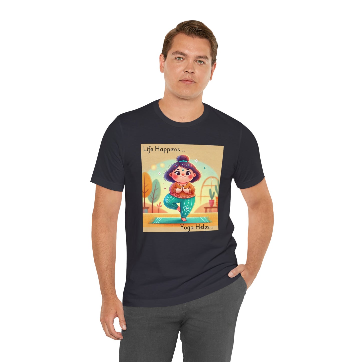 Yoga Tee - Cute Quirky Girl Tree Pose Shirt with 'Life Happens Yoga Helps'