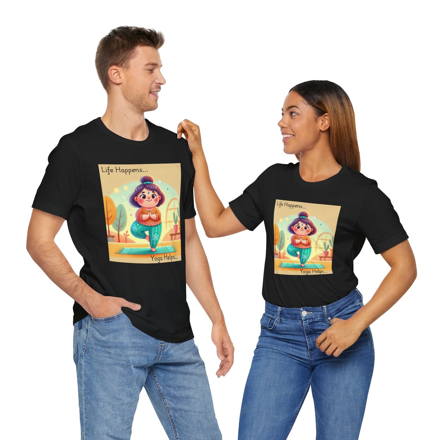 Yoga Tee - Cute Quirky Girl Tree Pose Shirt with 'Life Happens Yoga Helps'