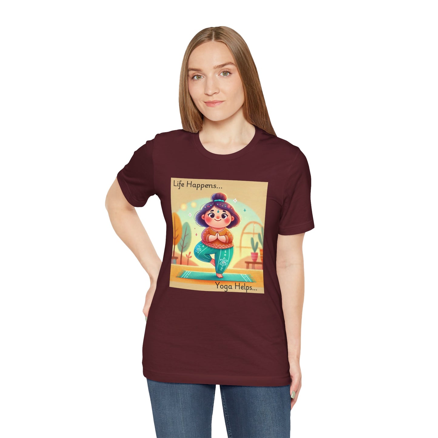 Yoga Tee - Cute Quirky Girl Tree Pose Shirt with 'Life Happens Yoga Helps'