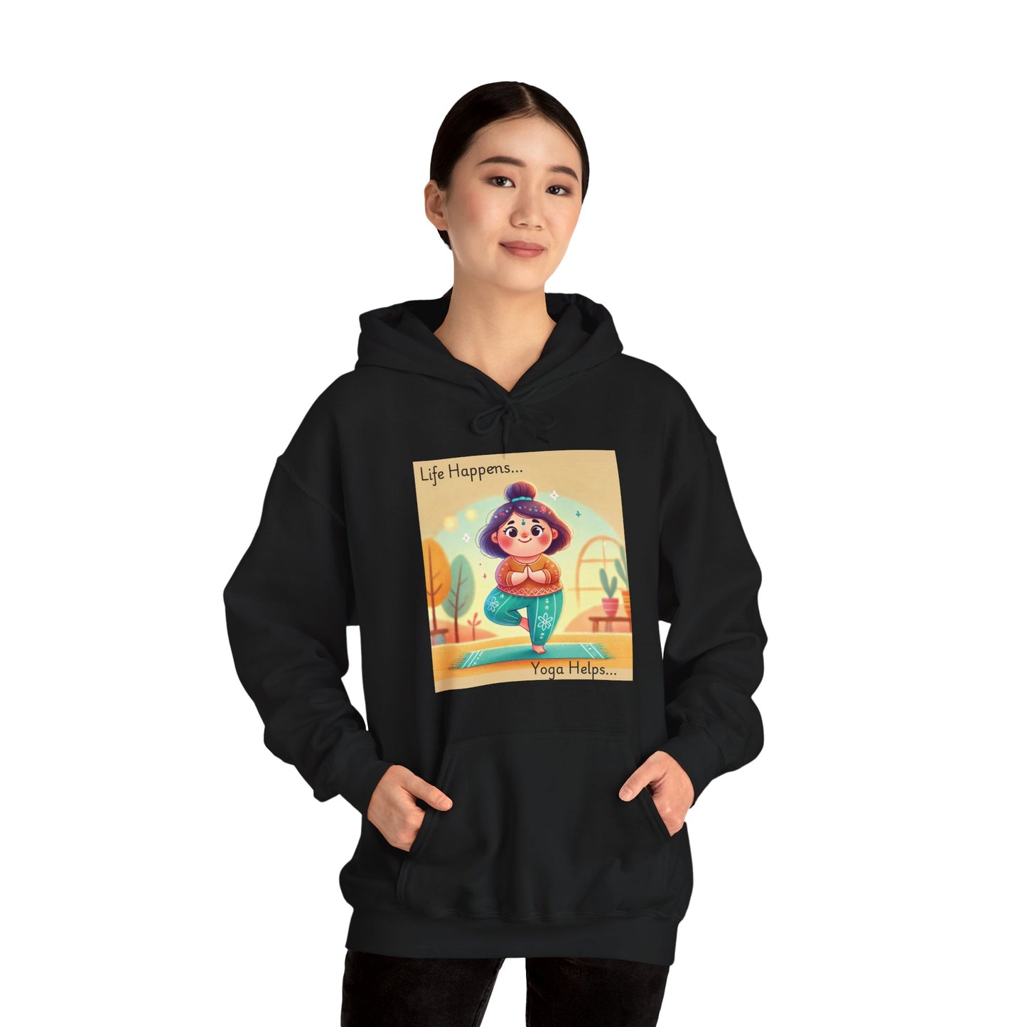 Hooded Sweatshirt with Cute Quirky Yoga Design - Life Happens Yoga Helps