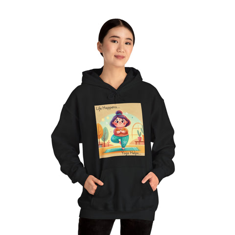Hooded Sweatshirt with Cute Quirky Yoga Design - Life Happens Yoga Helps