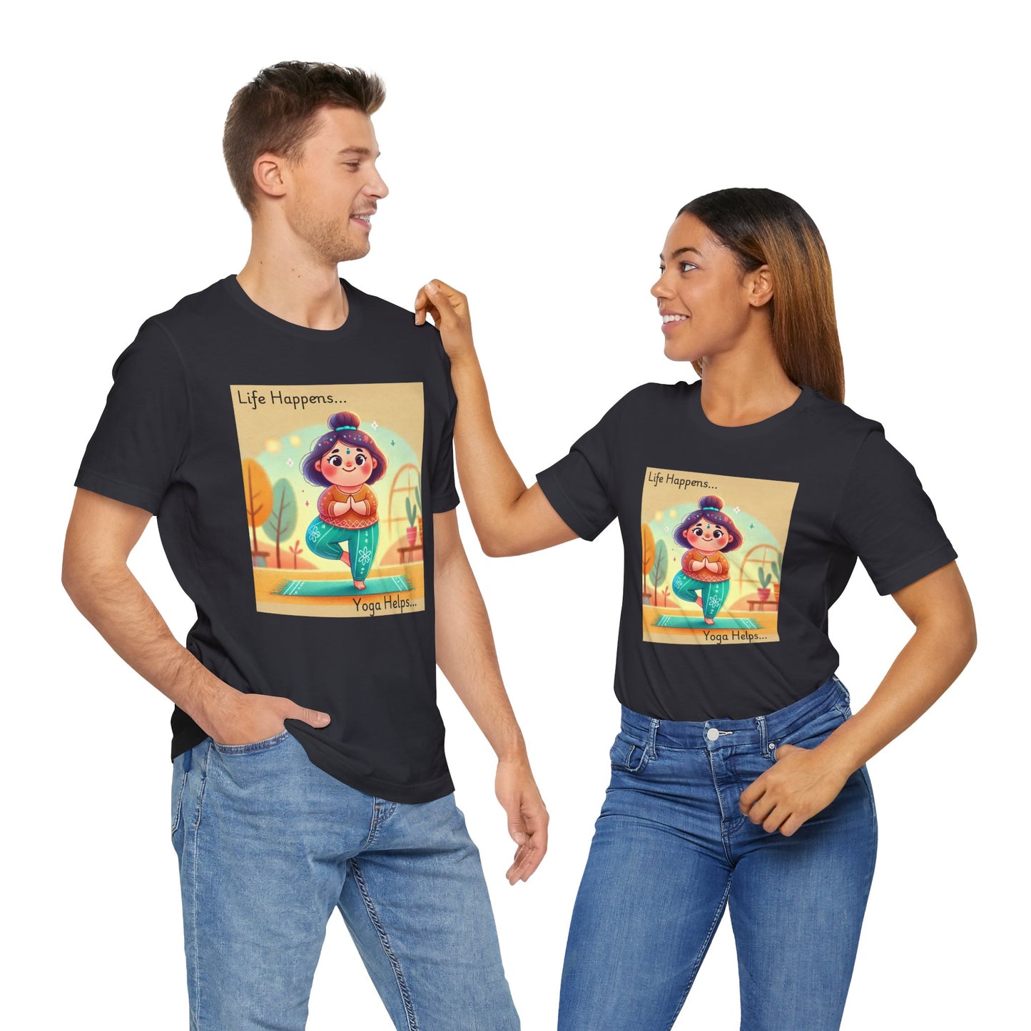 Yoga Tee - Cute Quirky Girl Tree Pose Shirt with 'Life Happens Yoga Helps'
