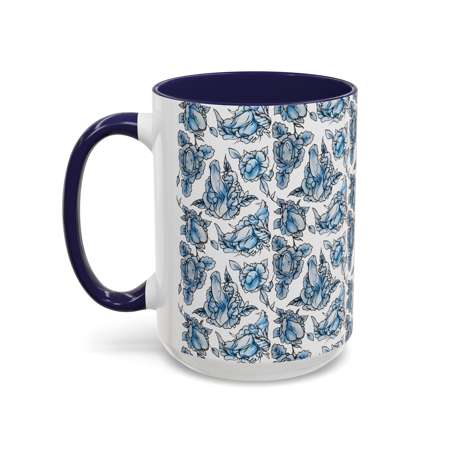 Blue "Floral" Accent Coffee Mug – Patterned Ceramic Tea Cup (11/15 oz)
