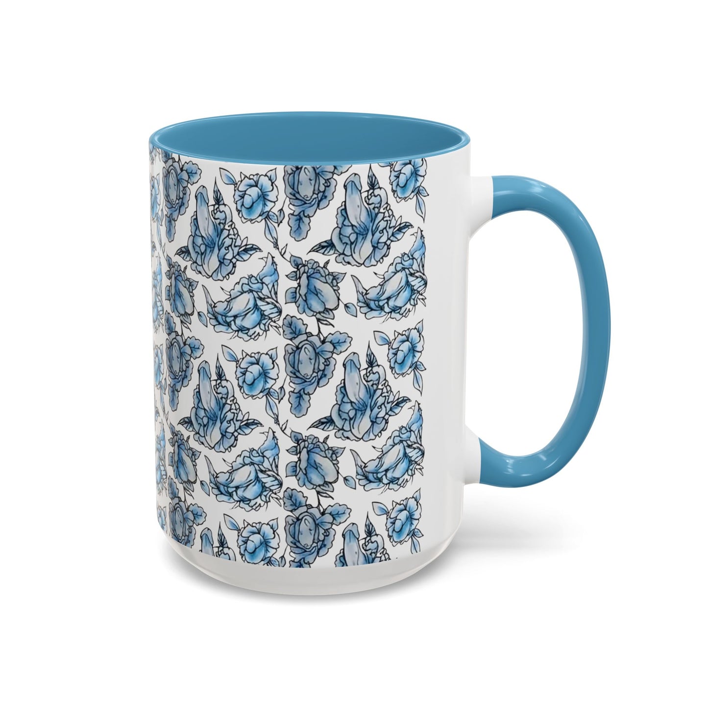 Blue "Floral" Accent Coffee Mug – Patterned Ceramic Tea Cup (11/15 oz)