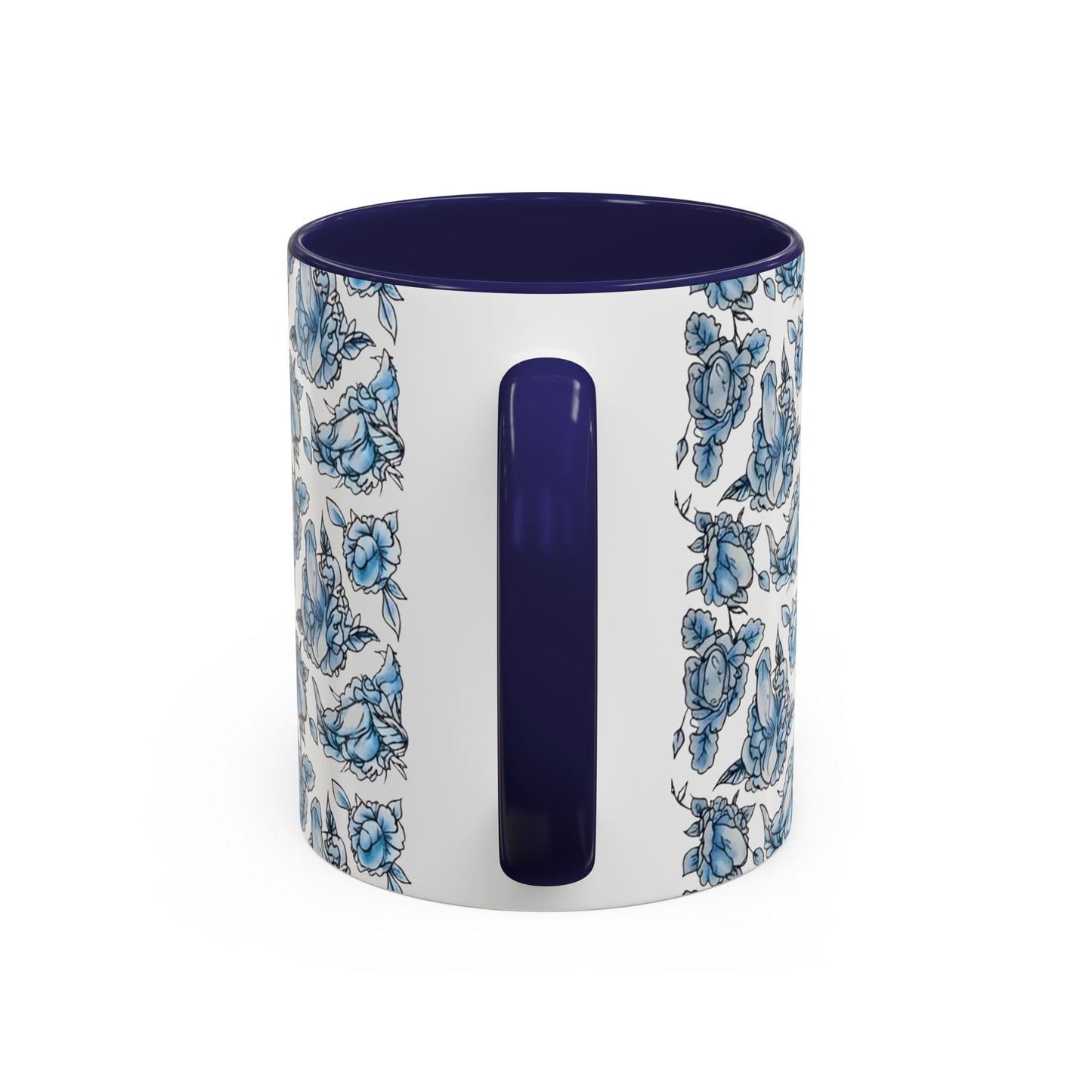 Blue "Floral" Accent Coffee Mug – Patterned Ceramic Tea Cup (11/15 oz)