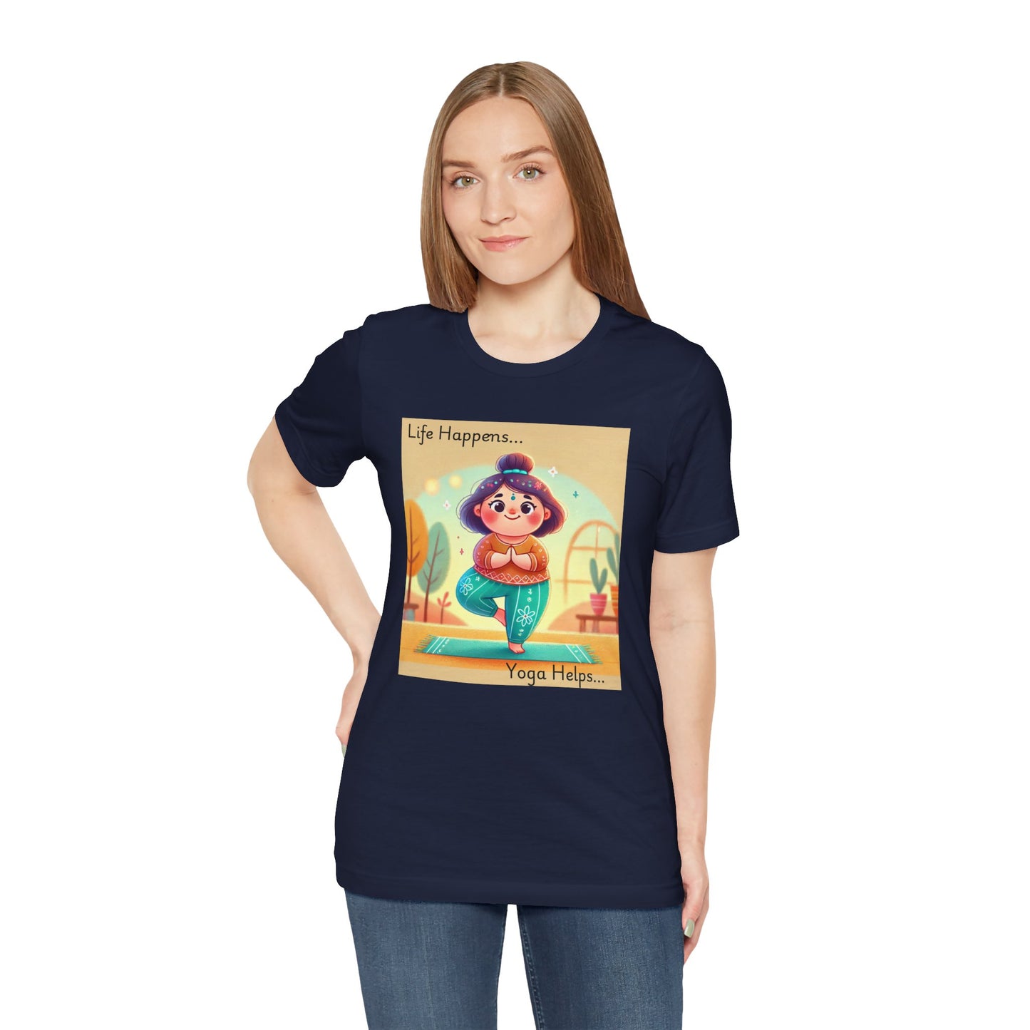 Yoga Tee - Cute Quirky Girl Tree Pose Shirt with 'Life Happens Yoga Helps'