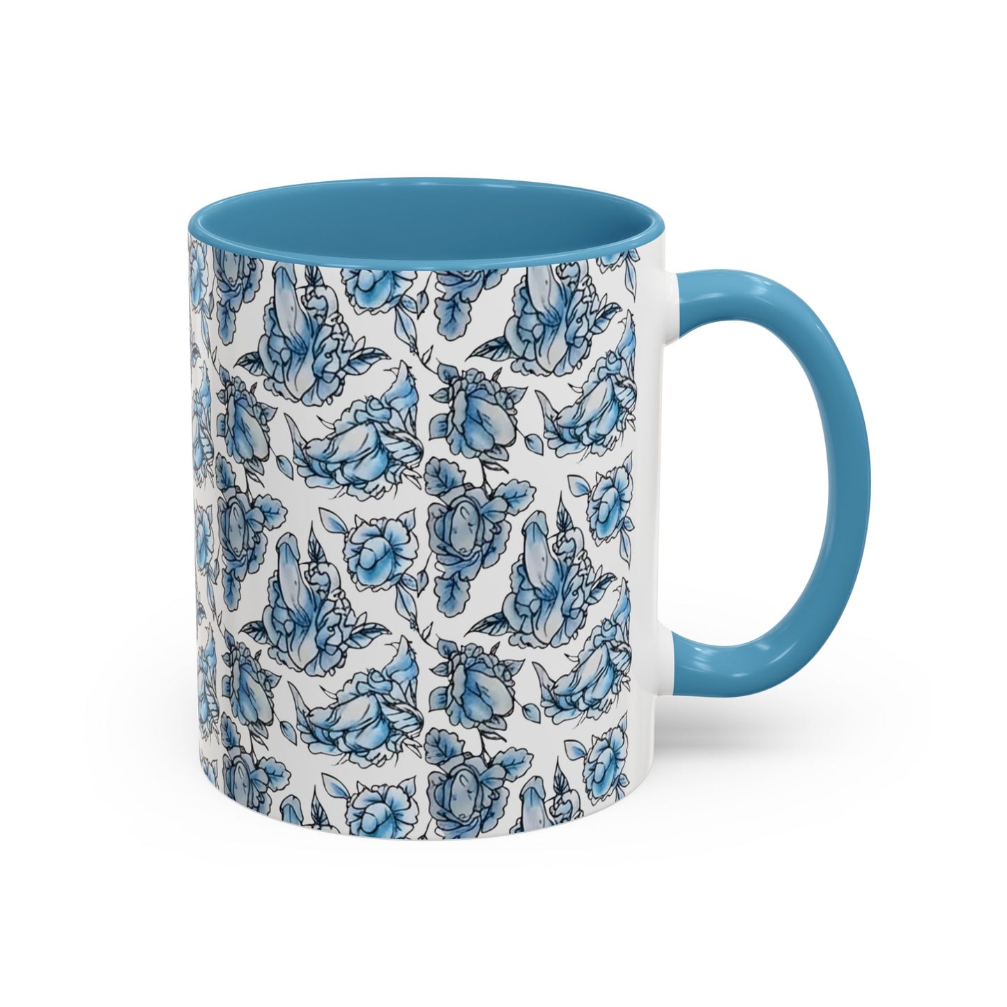 Blue "Floral" Accent Coffee Mug – Patterned Ceramic Tea Cup (11/15 oz)