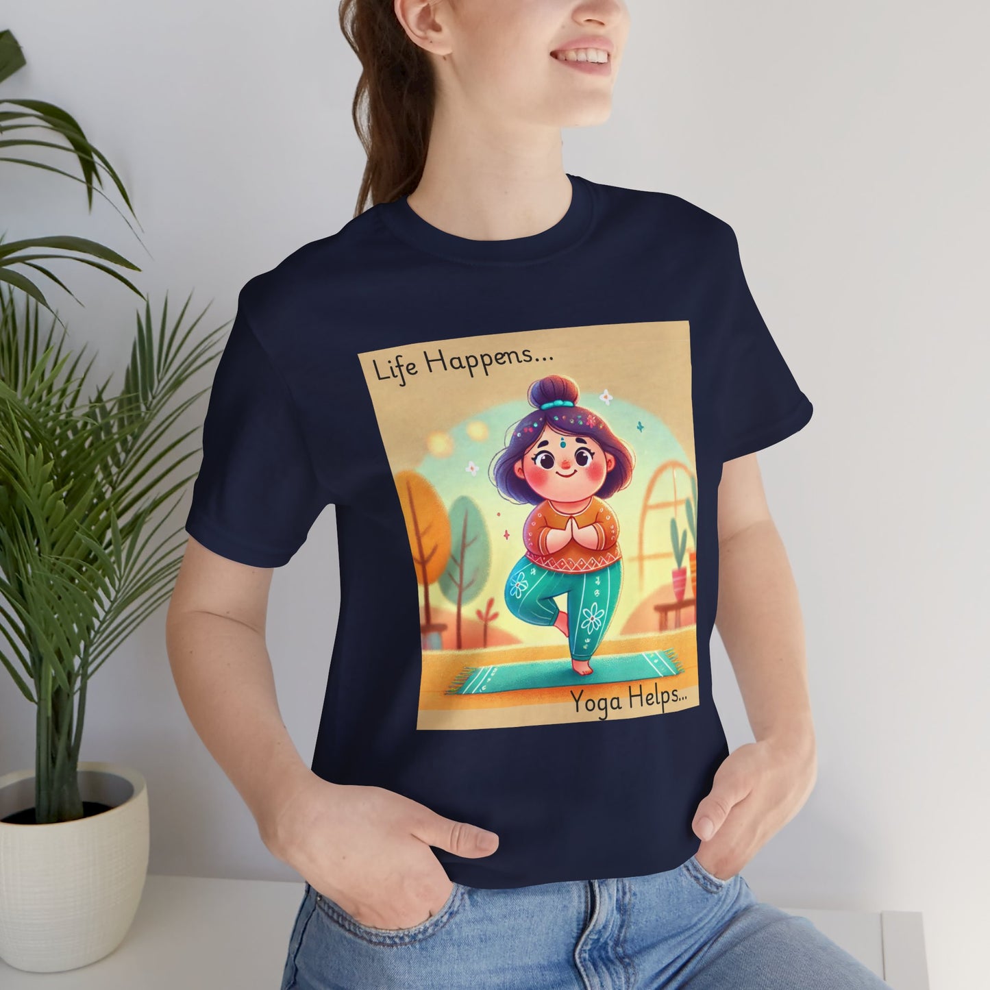 Yoga Tee - Cute Quirky Girl Tree Pose Shirt with 'Life Happens Yoga Helps'