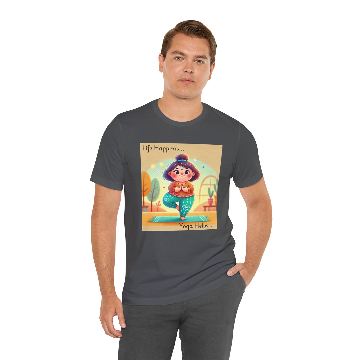 Yoga Tee - Cute Quirky Girl Tree Pose Shirt with 'Life Happens Yoga Helps'