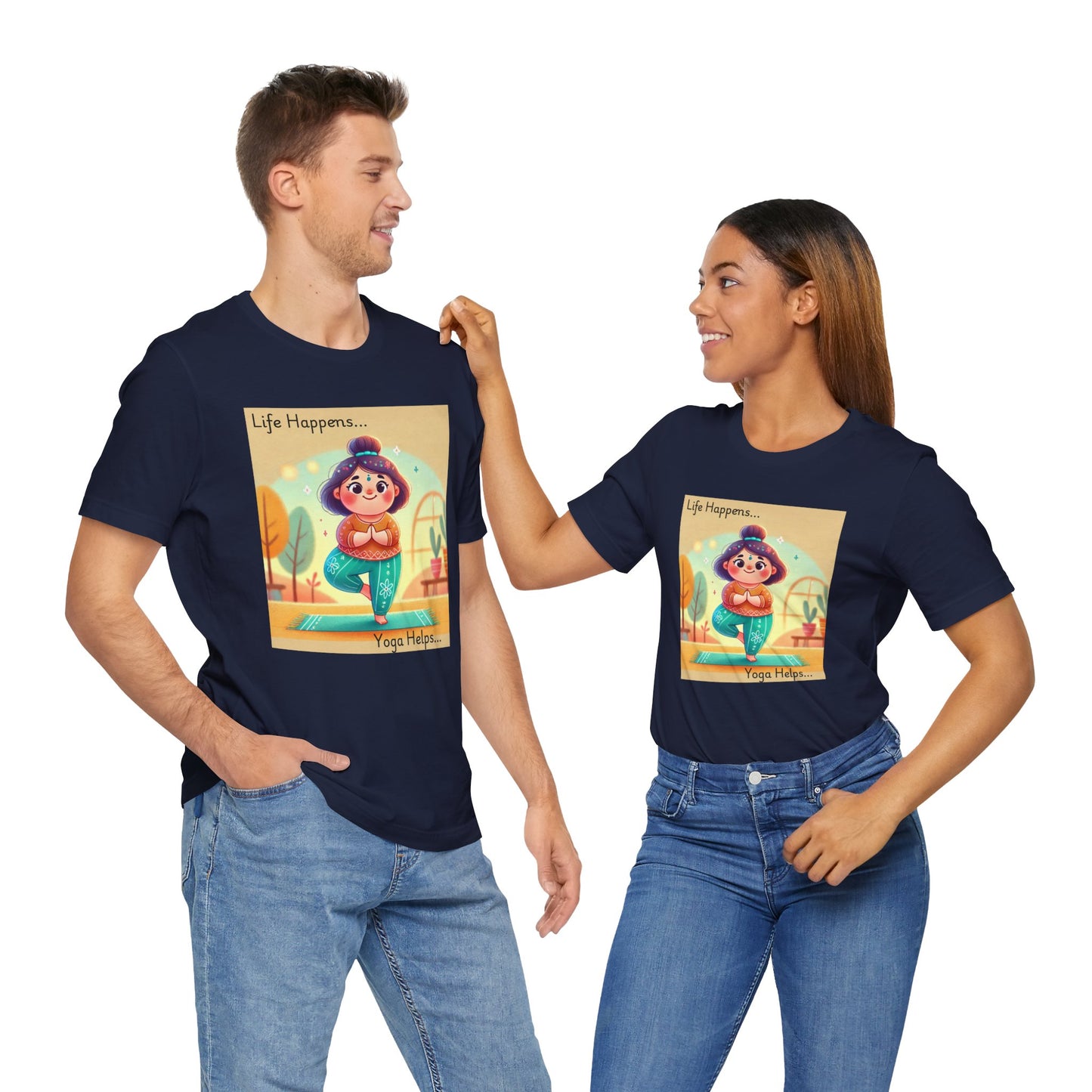 Yoga Tee - Cute Quirky Girl Tree Pose Shirt with 'Life Happens Yoga Helps'