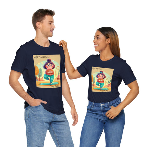 Yoga Tee - Cute Quirky Girl Tree Pose Shirt with 'Life Happens Yoga Helps'