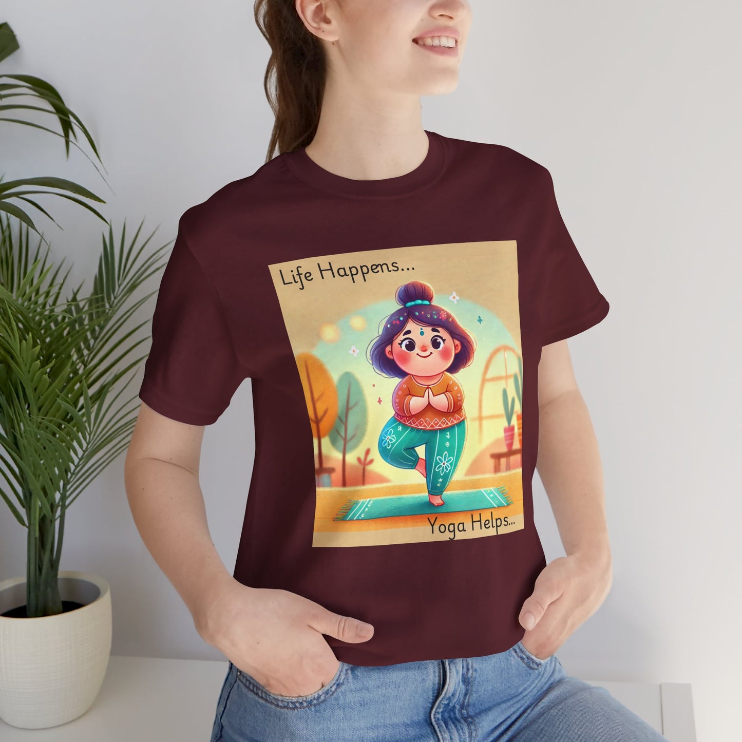 Yoga Tee - Cute Quirky Girl Tree Pose Shirt with 'Life Happens Yoga Helps'