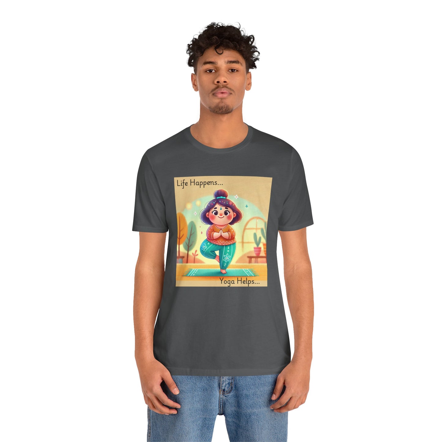 Yoga Tee - Cute Quirky Girl Tree Pose Shirt with 'Life Happens Yoga Helps'