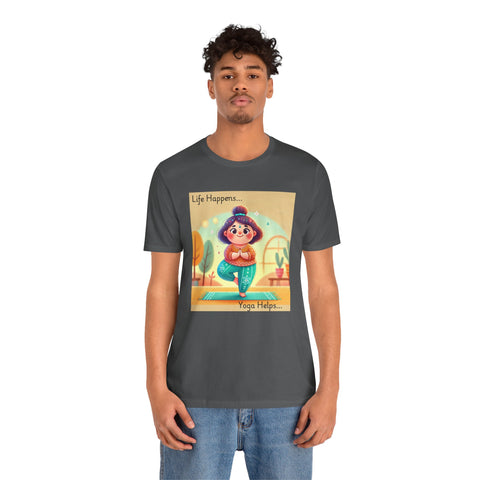 Yoga Tee - Cute Quirky Girl Tree Pose Shirt with 'Life Happens Yoga Helps'