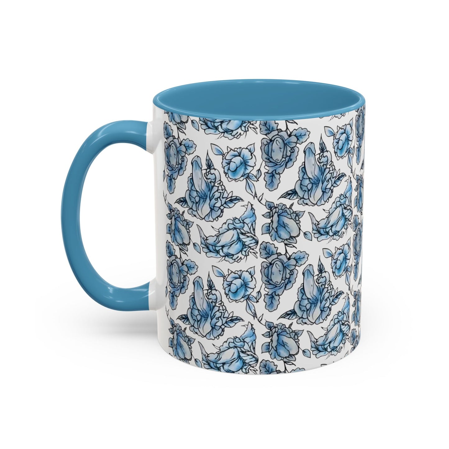 Blue "Floral" Accent Coffee Mug – Patterned Ceramic Tea Cup (11/15 oz)