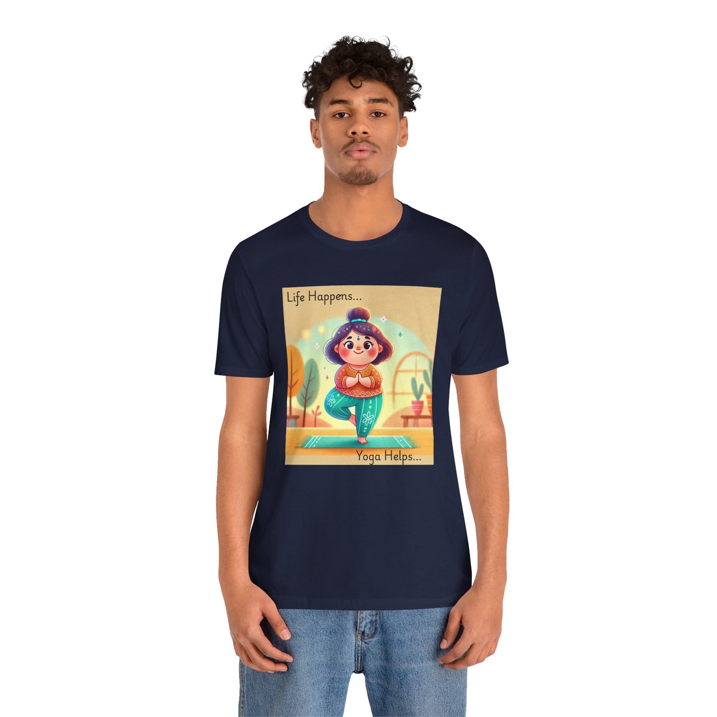 Yoga Tee - Cute Quirky Girl Tree Pose Shirt with 'Life Happens Yoga Helps'