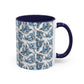 Blue "Floral" Accent Coffee Mug – Patterned Ceramic Tea Cup (11/15 oz)