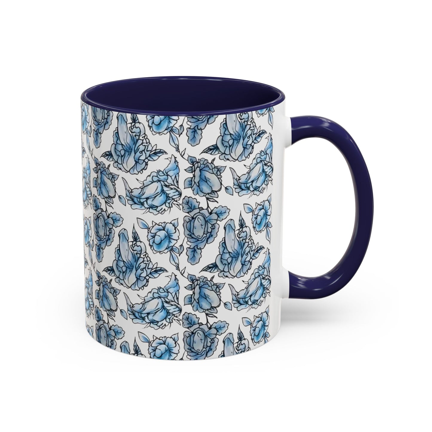 Blue "Floral" Accent Coffee Mug – Patterned Ceramic Tea Cup (11/15 oz)