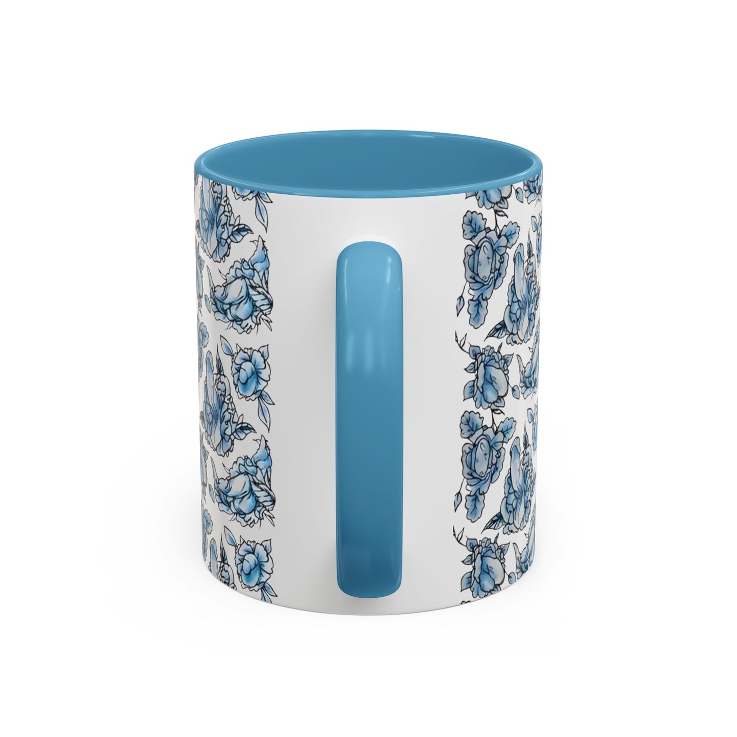 Blue "Floral" Accent Coffee Mug – Patterned Ceramic Tea Cup (11/15 oz)