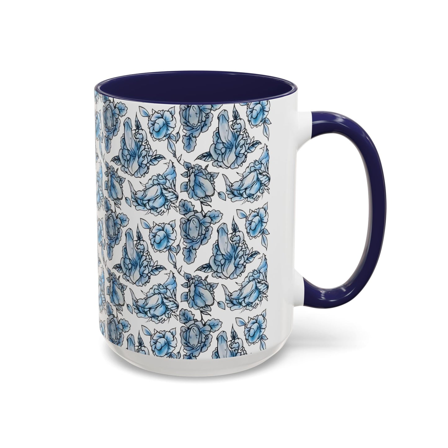 Blue "Floral" Accent Coffee Mug – Patterned Ceramic Tea Cup (11/15 oz)