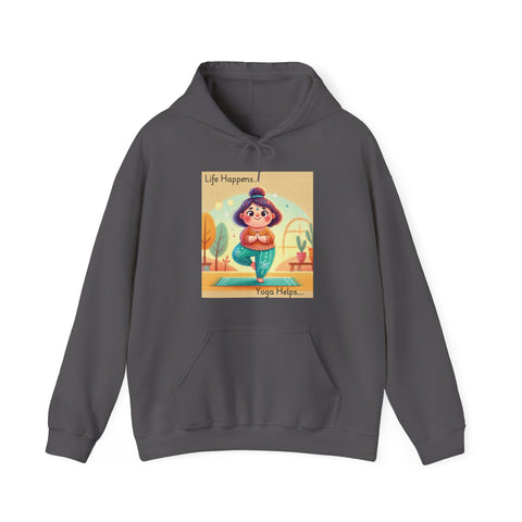 Hooded Sweatshirt with Cute Quirky Yoga Design - Life Happens Yoga Helps