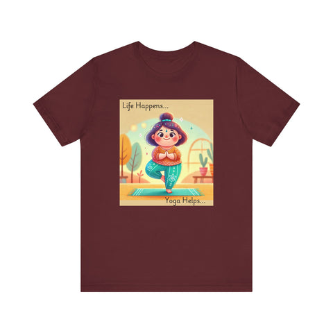 Yoga Tee - Cute Quirky Girl Tree Pose Shirt with 'Life Happens Yoga Helps'