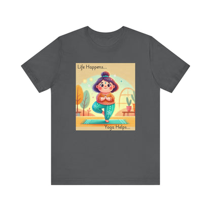Yoga Tee - Cute Quirky Girl Tree Pose Shirt with 'Life Happens Yoga Helps'