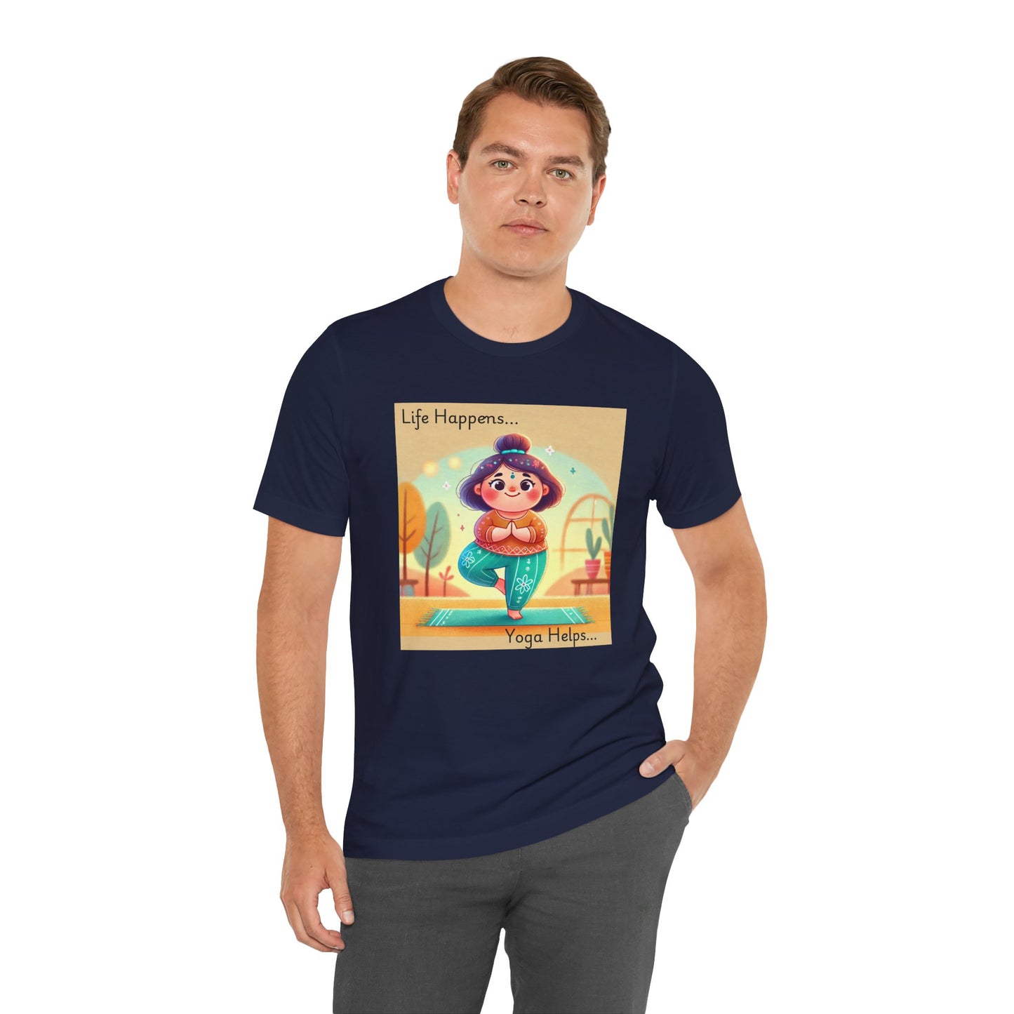 Yoga Tee - Cute Quirky Girl Tree Pose Shirt with 'Life Happens Yoga Helps'
