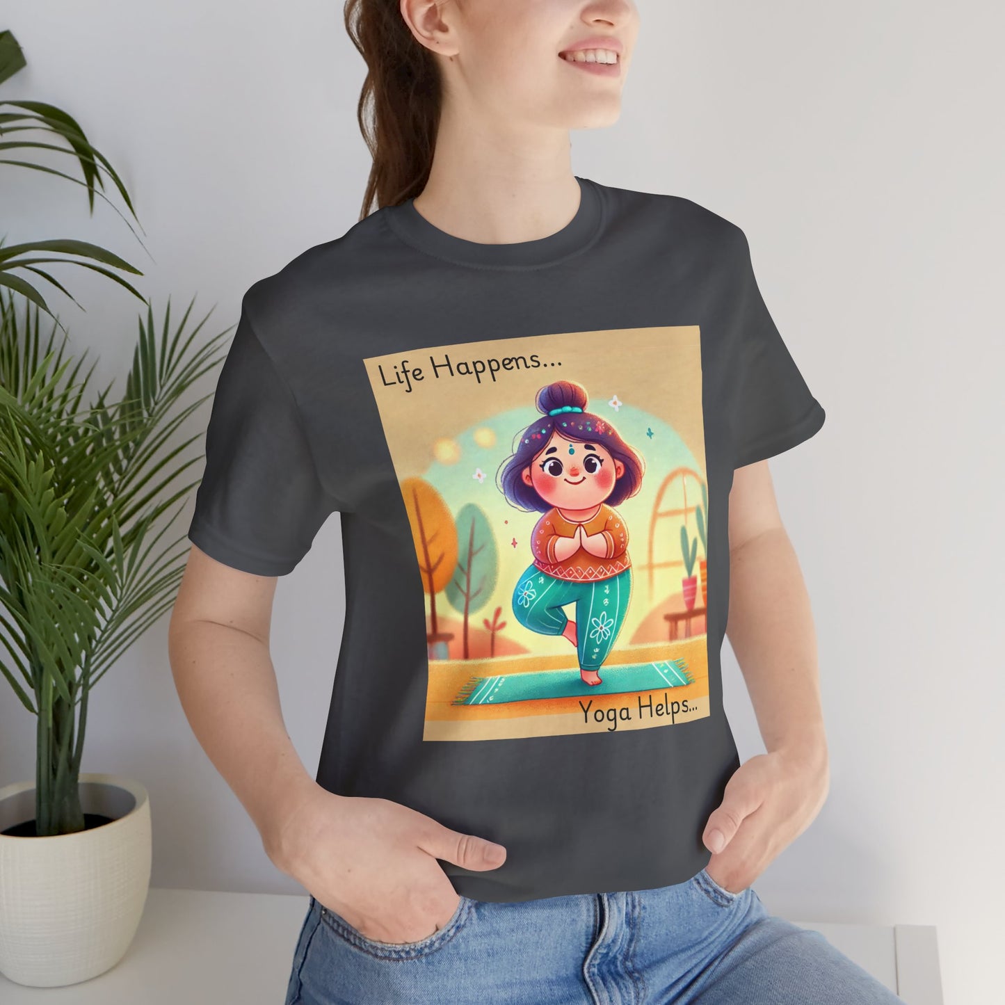 Yoga Tee - Cute Quirky Girl Tree Pose Shirt with 'Life Happens Yoga Helps'