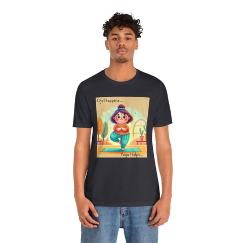Yoga Tee - Cute Quirky Girl Tree Pose Shirt with 'Life Happens Yoga Helps'