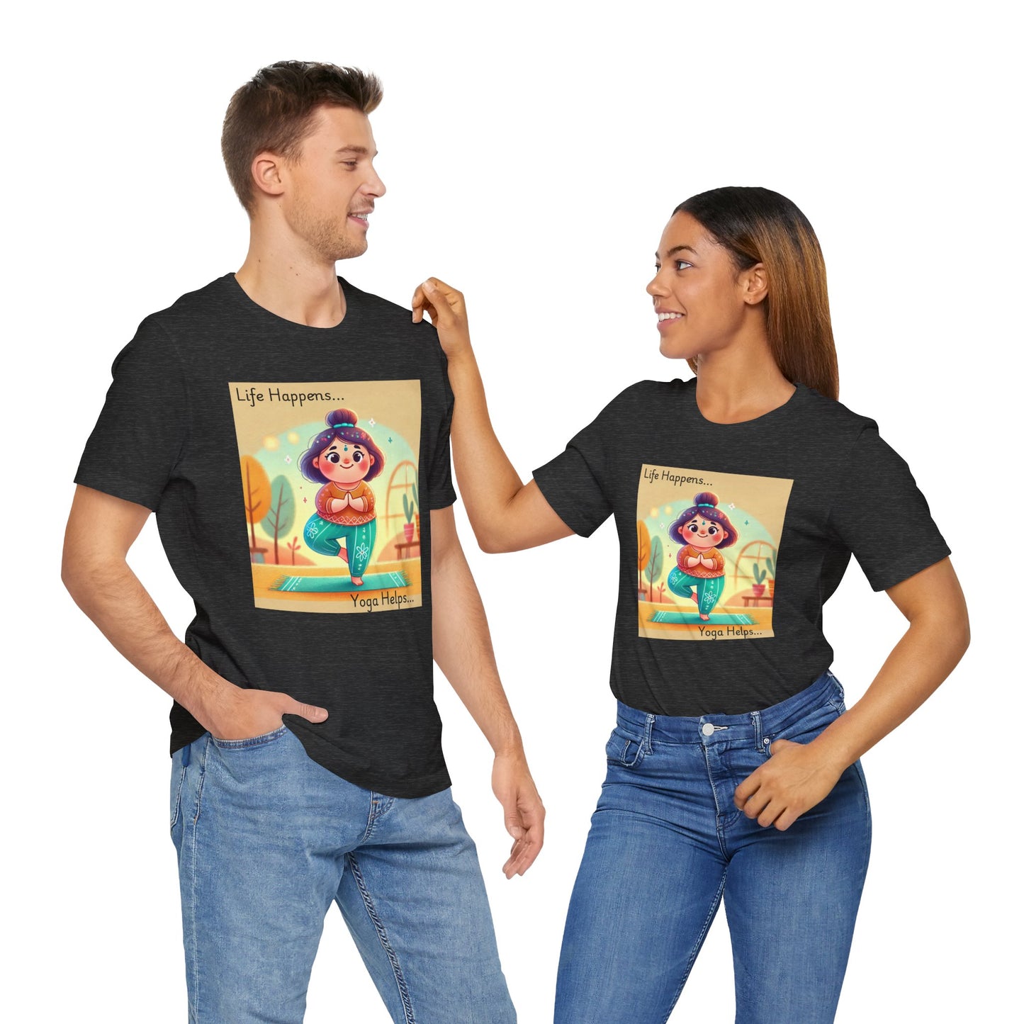 Yoga Tee - Cute Quirky Girl Tree Pose Shirt with 'Life Happens Yoga Helps'