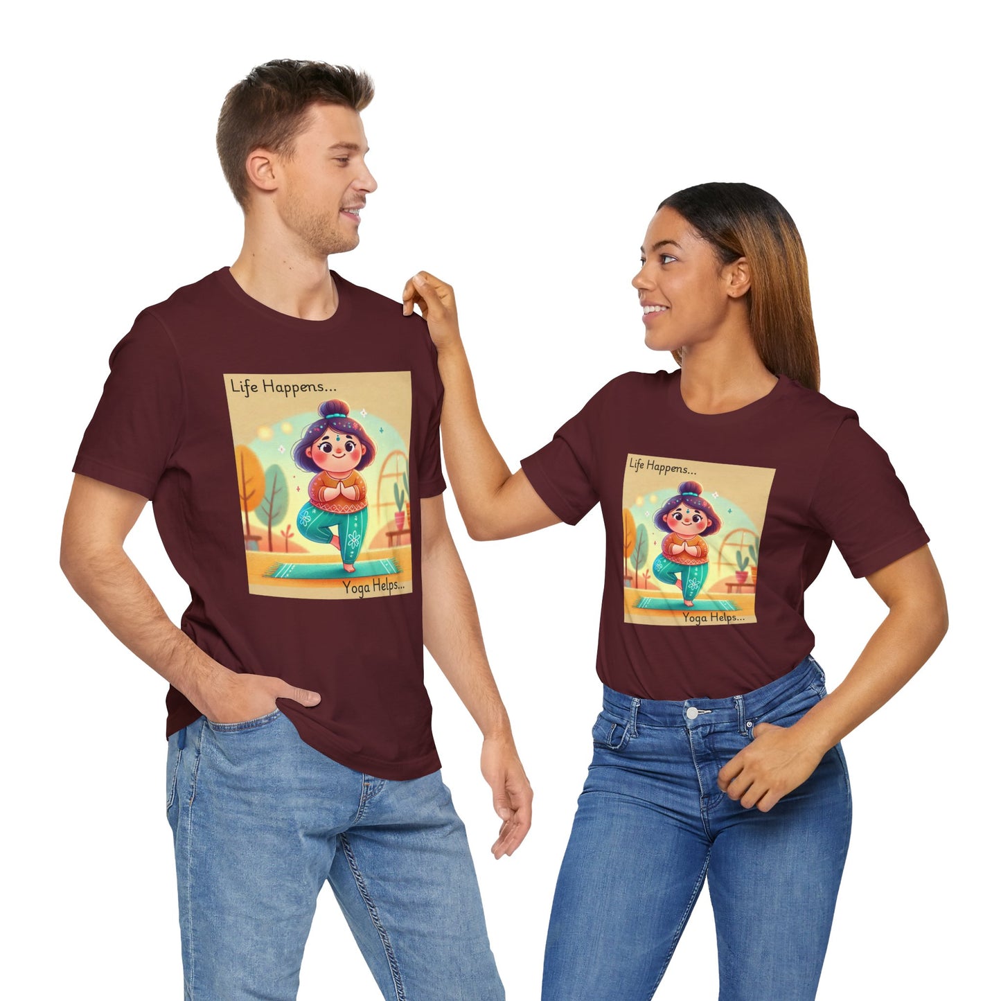 Yoga Tee - Cute Quirky Girl Tree Pose Shirt with 'Life Happens Yoga Helps'