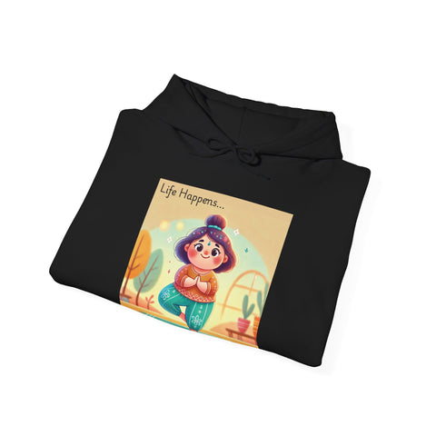 Hooded Sweatshirt with Cute Quirky Yoga Design - Life Happens Yoga Helps