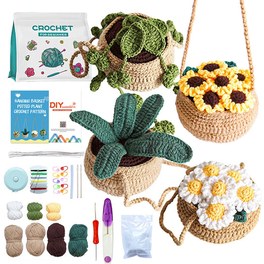 DIY Flowers Crochet Knitting Kit Material Set For Beginners Wool Yarn Thread Crochet Hook Needles Accessories Handmade Craft