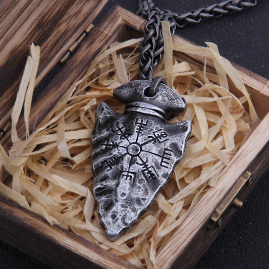 Nordic Arrowhead Pendant Necklace With Norsemen Helm of Awe